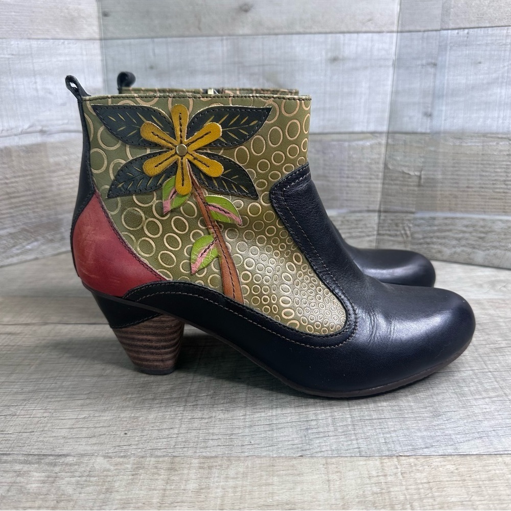 Spring Step Black and Red Ankle Boots with Floral Design